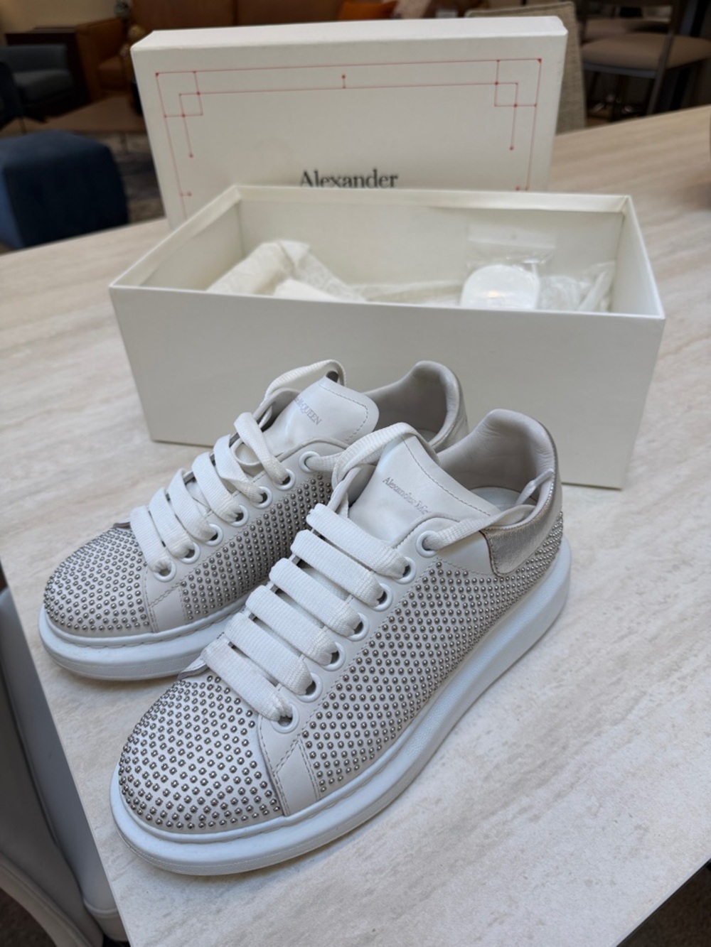 Alexander McQueen White Crystal-Studded Leather Platform Sneakers